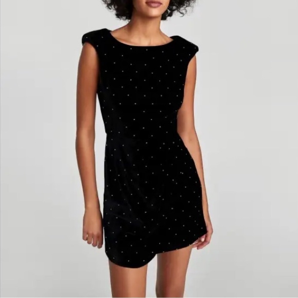 Zara Black Velvet Mini Dress with Crystal Dot Accents | Size XS | NWT